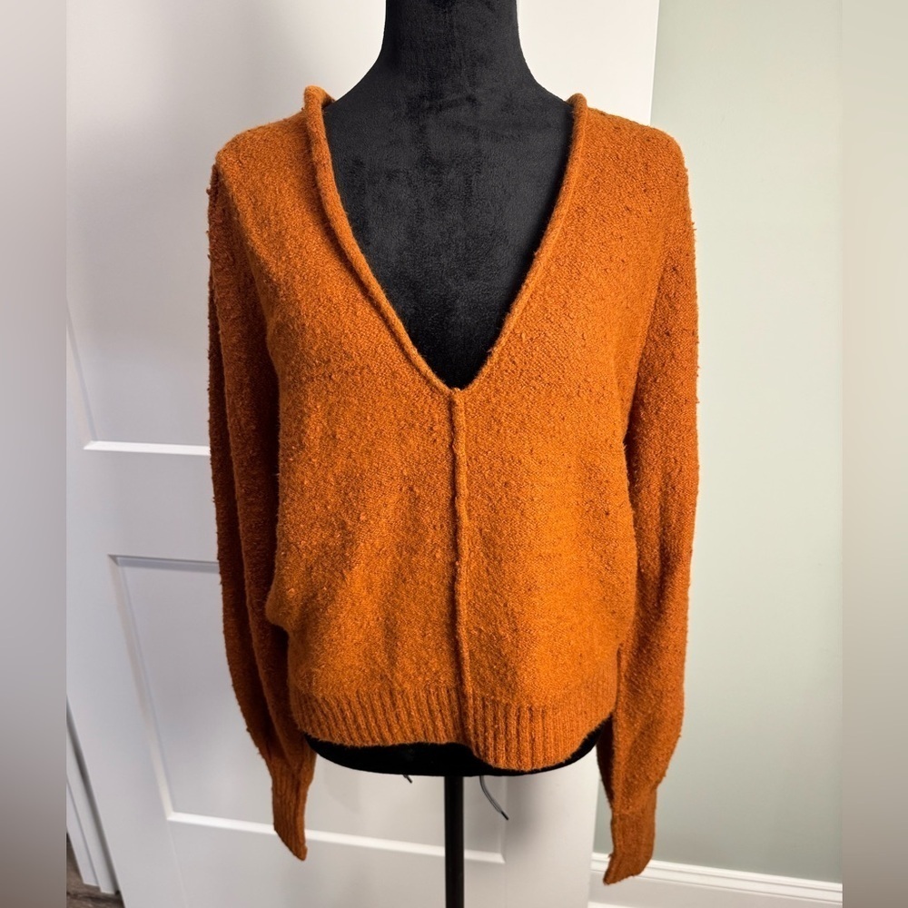 Free People Burnt Orange Reverie V-neck Balloon Sleeve Sweater